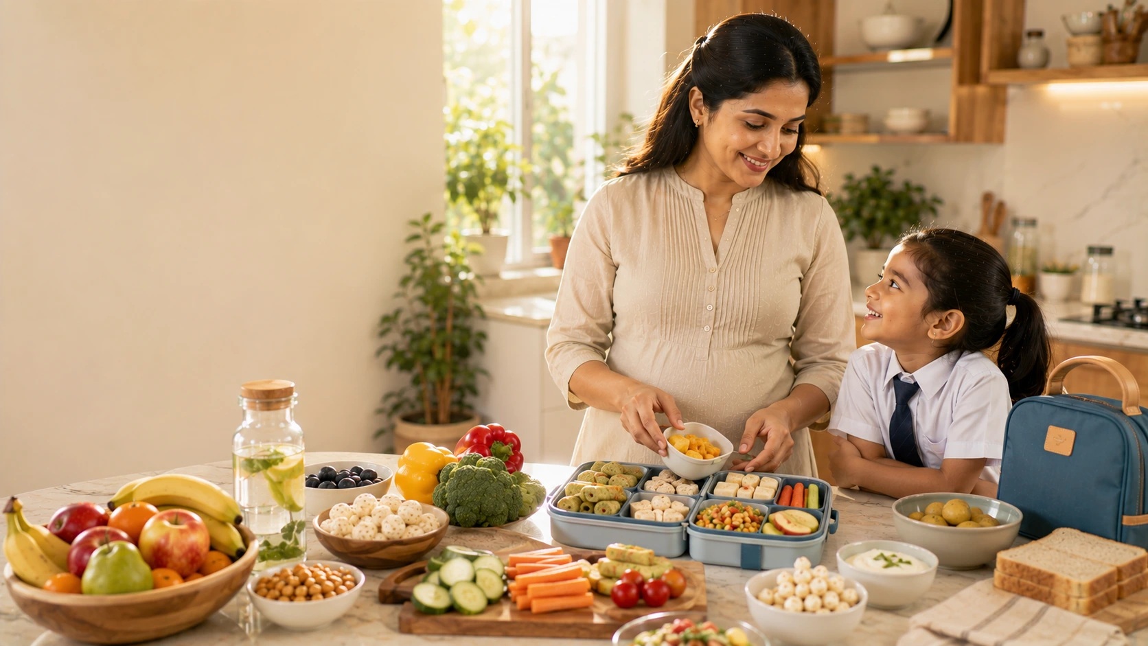 Healthy Indian school lunchbox with nutritious homemade and packaged snacks for children.
