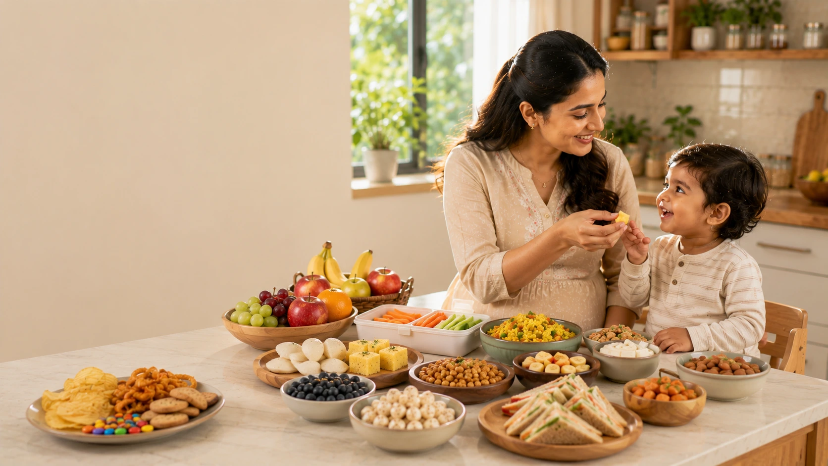 Healthy Indian snack alternatives including fresh fruits, roasted makhana, homemade bites, and preservative-free snacks for children.