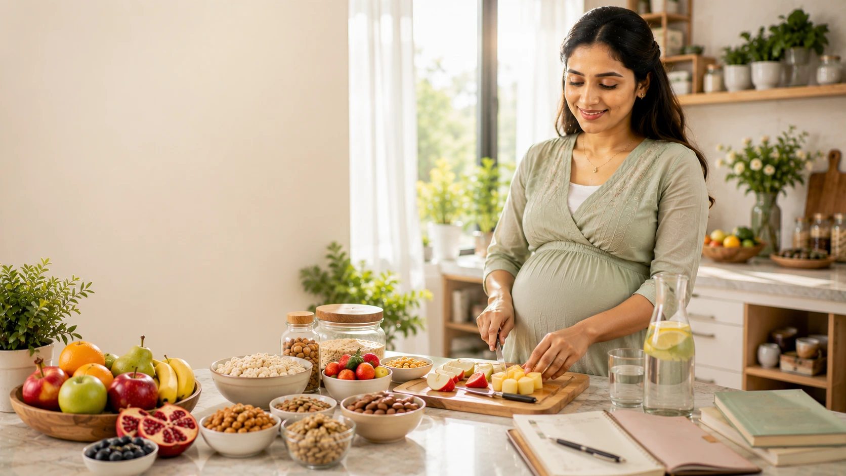 Pregnant woman preparing healthy meals and snacks in a modern Indian kitchen