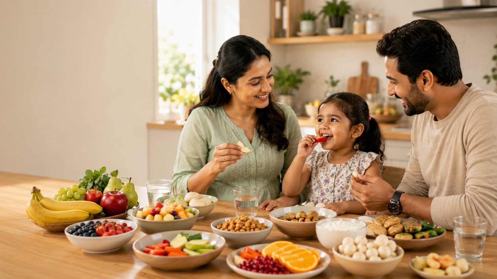 Indian family practicing healthy eating habits with nutritious snacks and balanced meals for children