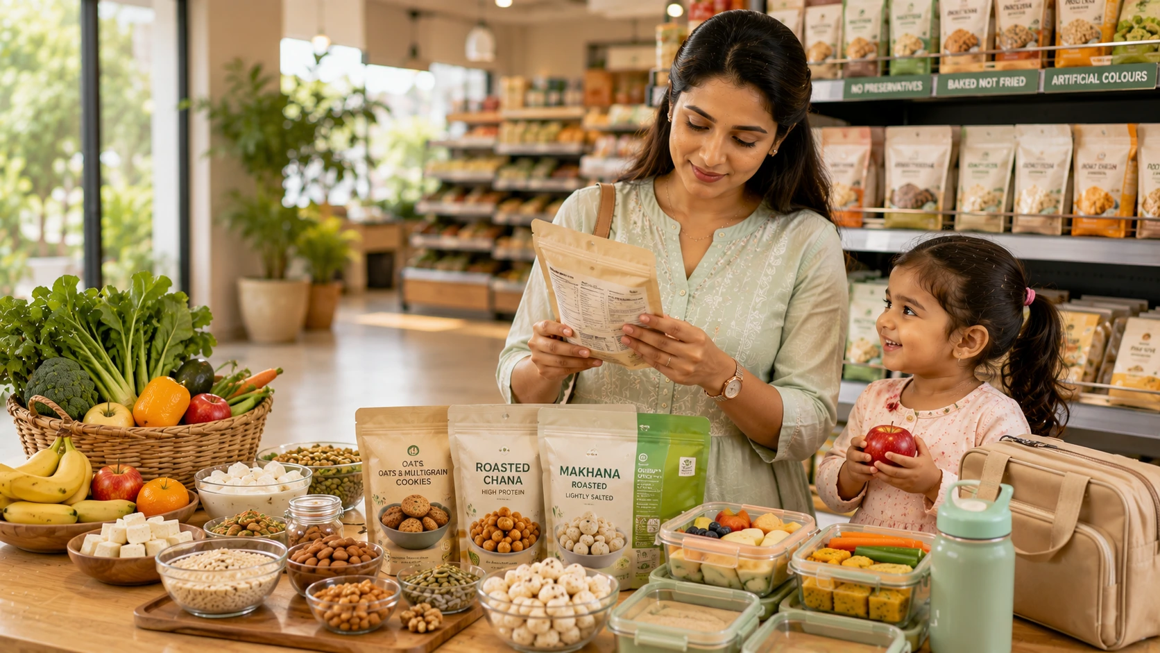 Parent comparing packaged snack labels while choosing healthy food options for children in a grocery store