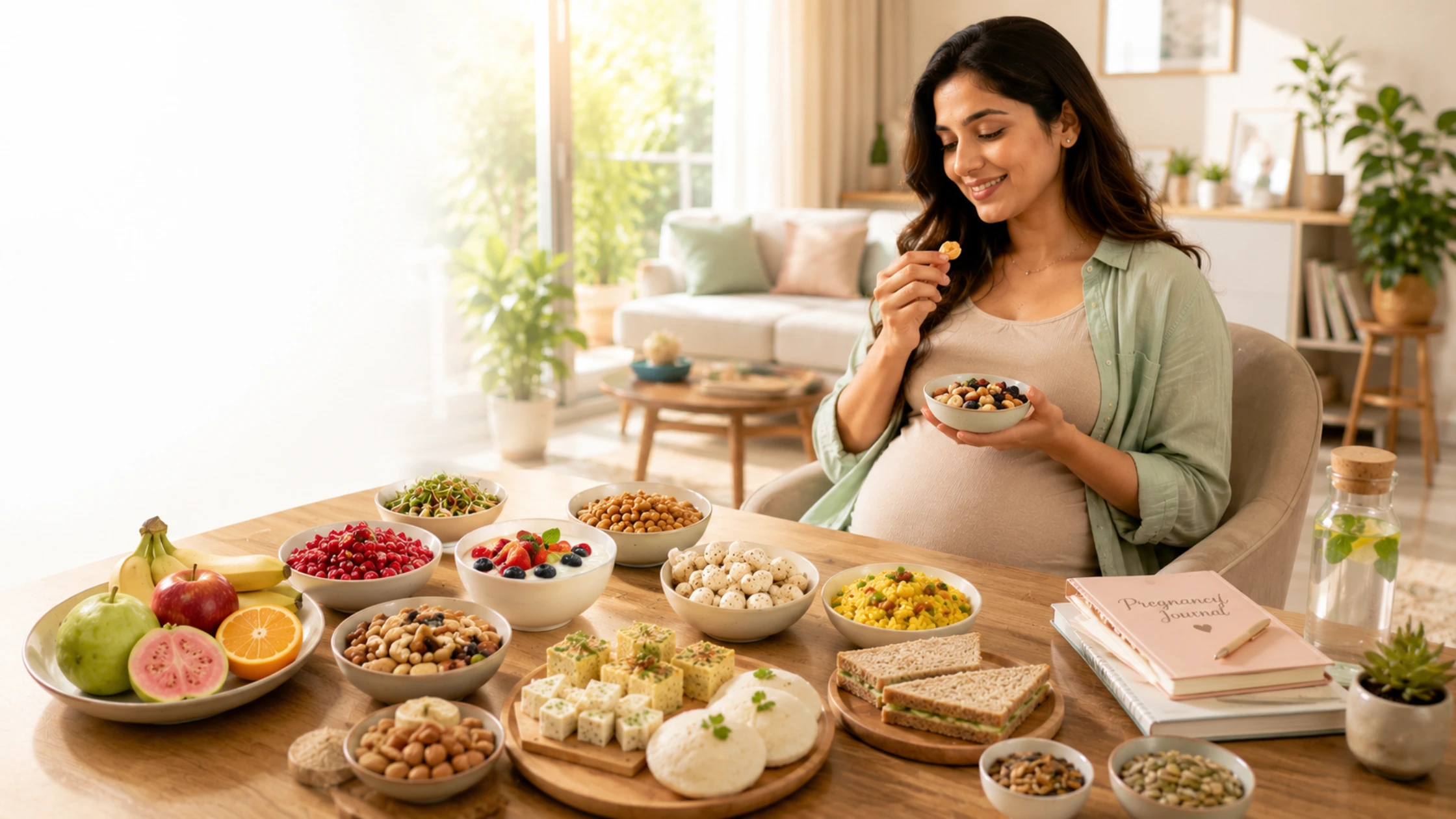 Pregnant woman enjoying healthy pregnancy snacks with fruits, nuts, and nutritious Indian foods