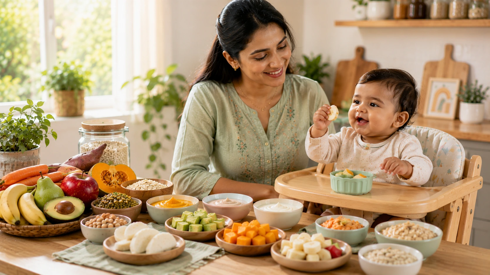 Mother feeding healthy baby snacks to a smiling infant with fresh fruits and nutritious baby foods on a highchair tray