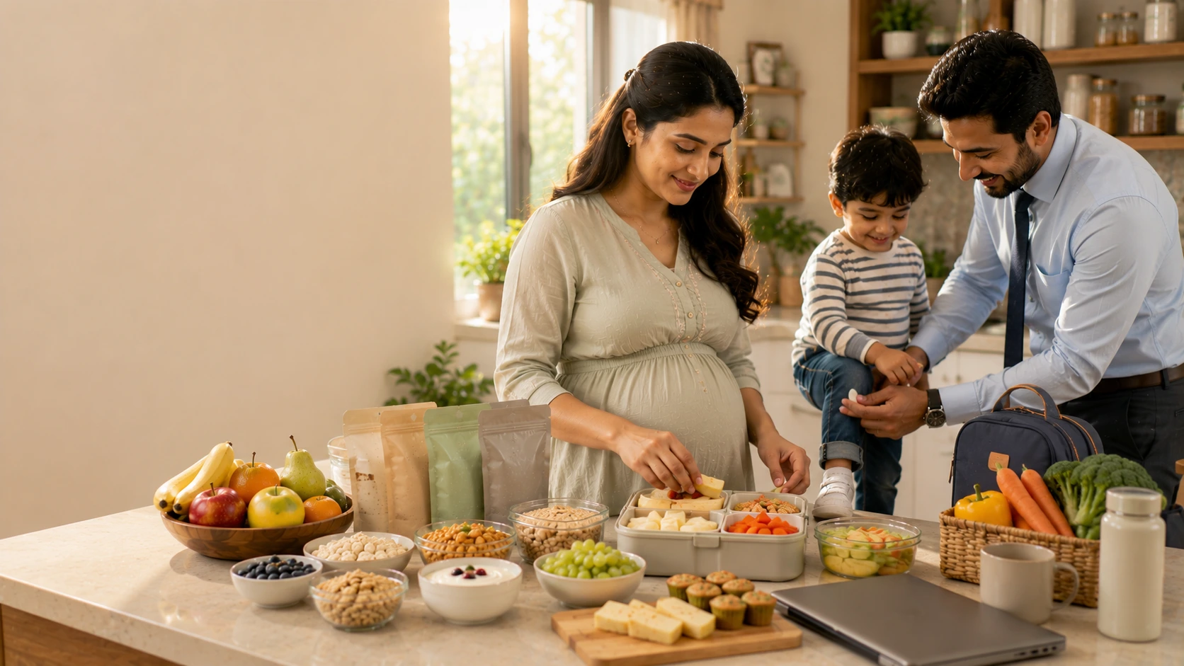 Working parent preparing healthy grab-and-go snacks for toddlers and school-aged children in a modern kitchen.