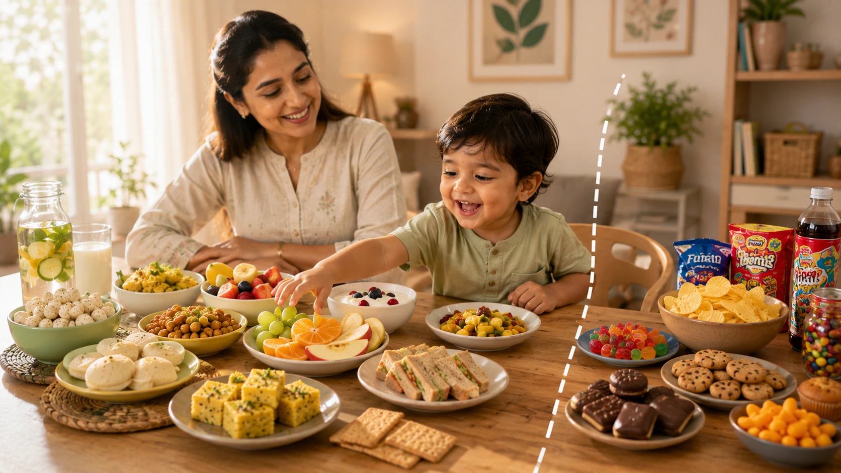 Toddler choosing healthy snacks over junk food with fruits, vegetables, and nutritious foods on a family dining table