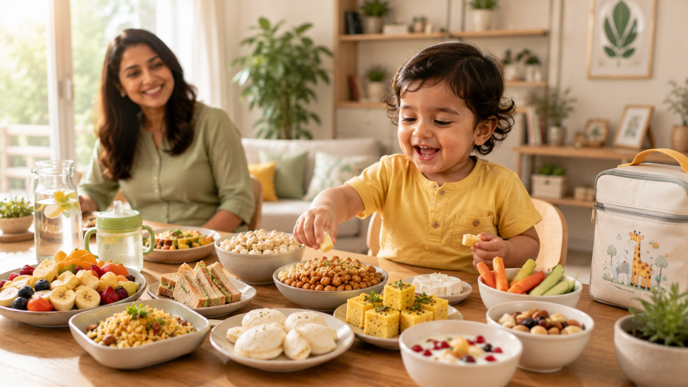 Healthy toddler enjoying nutritious snacks with fruits, whole grains, and toddler-friendly foods