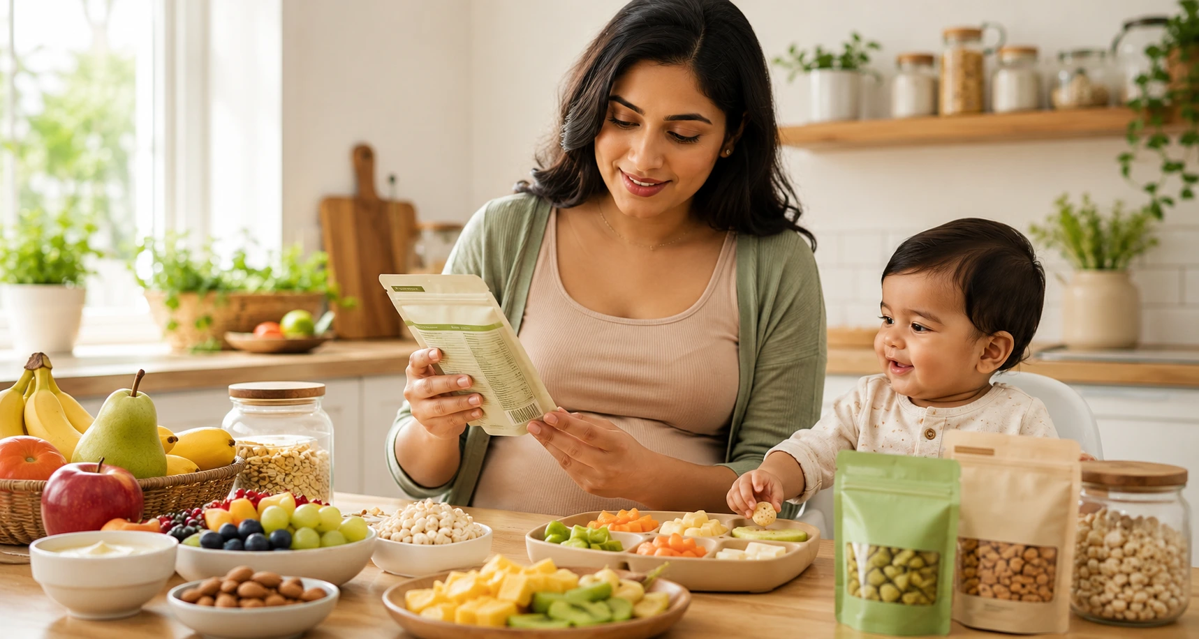 Parent reading baby food ingredient labels while choosing natural baby nutrition products