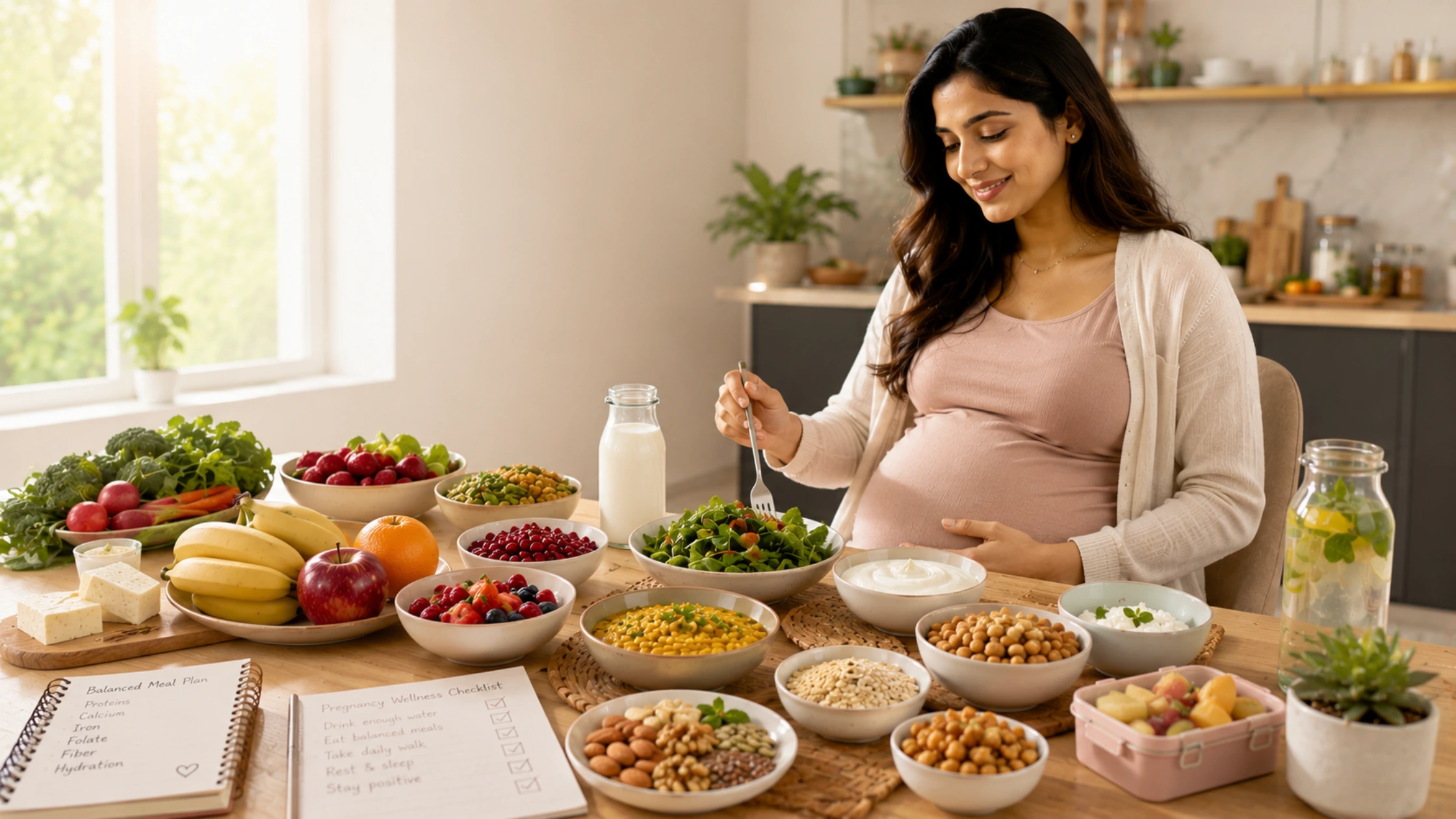 Pregnant woman enjoying a balanced meal with nutrient-rich foods that support maternal wellness and pregnancy nutrition