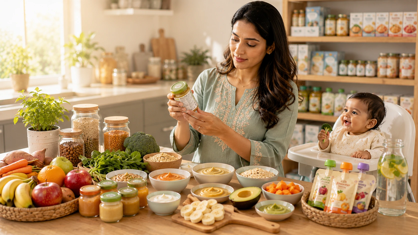 Mother reading baby food ingredient labels while feeding her infant healthy preservative-free baby food at home