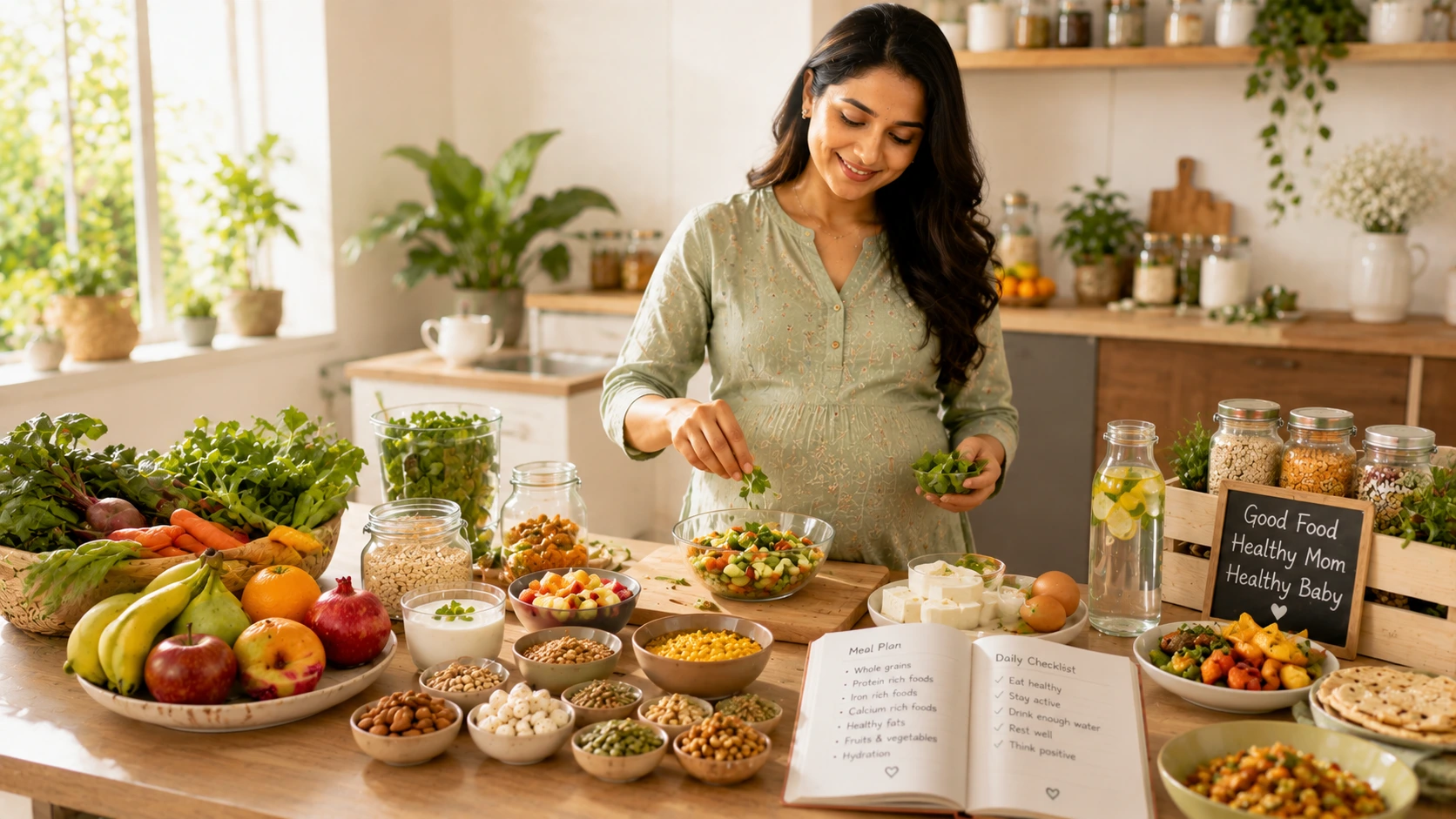 Pregnant woman choosing healthy foods and reading ingredient labels in a modern Indian kitchen