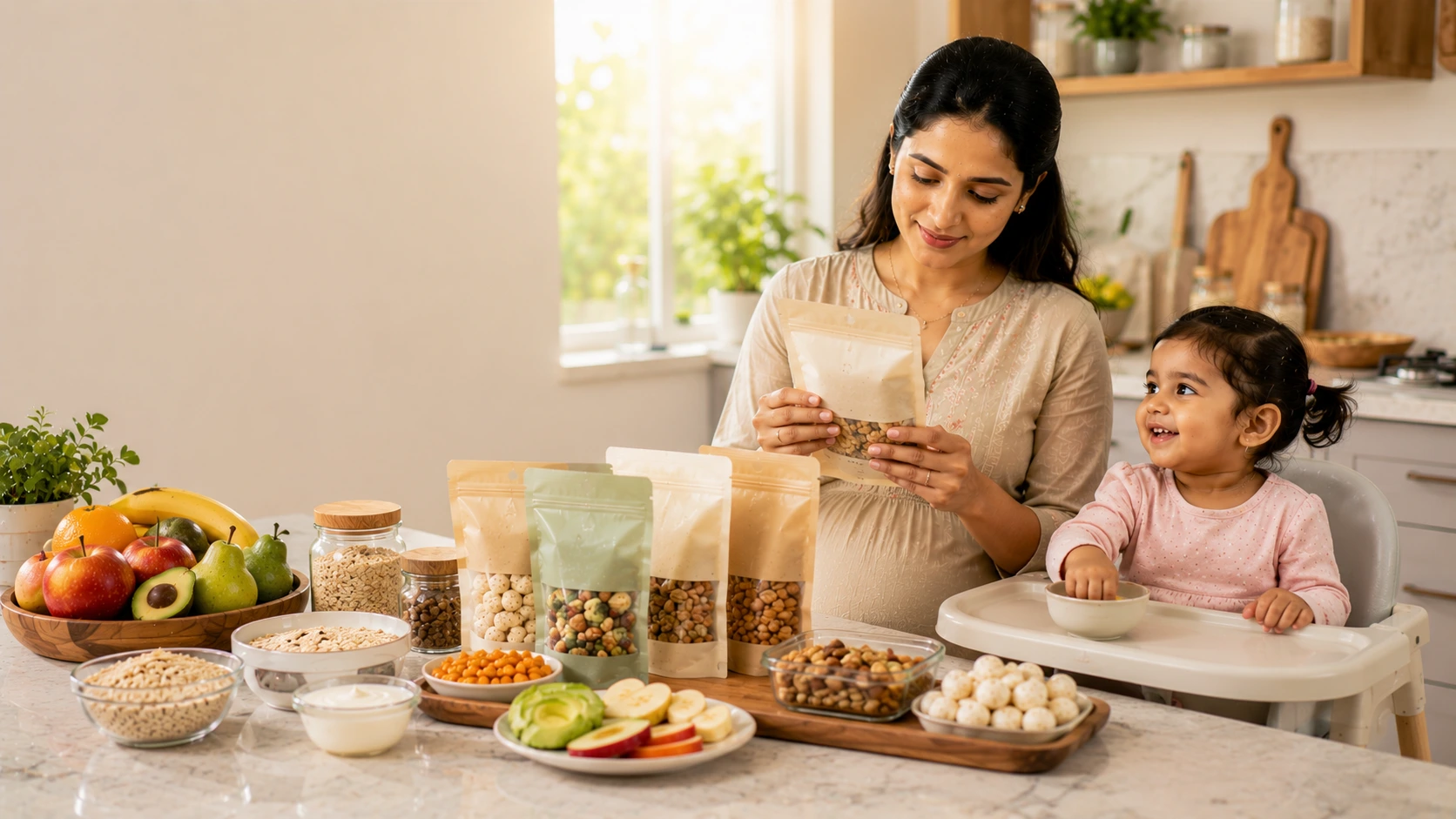 Parent reading toddler food labels while shopping for healthy packaged snacks in a grocery store