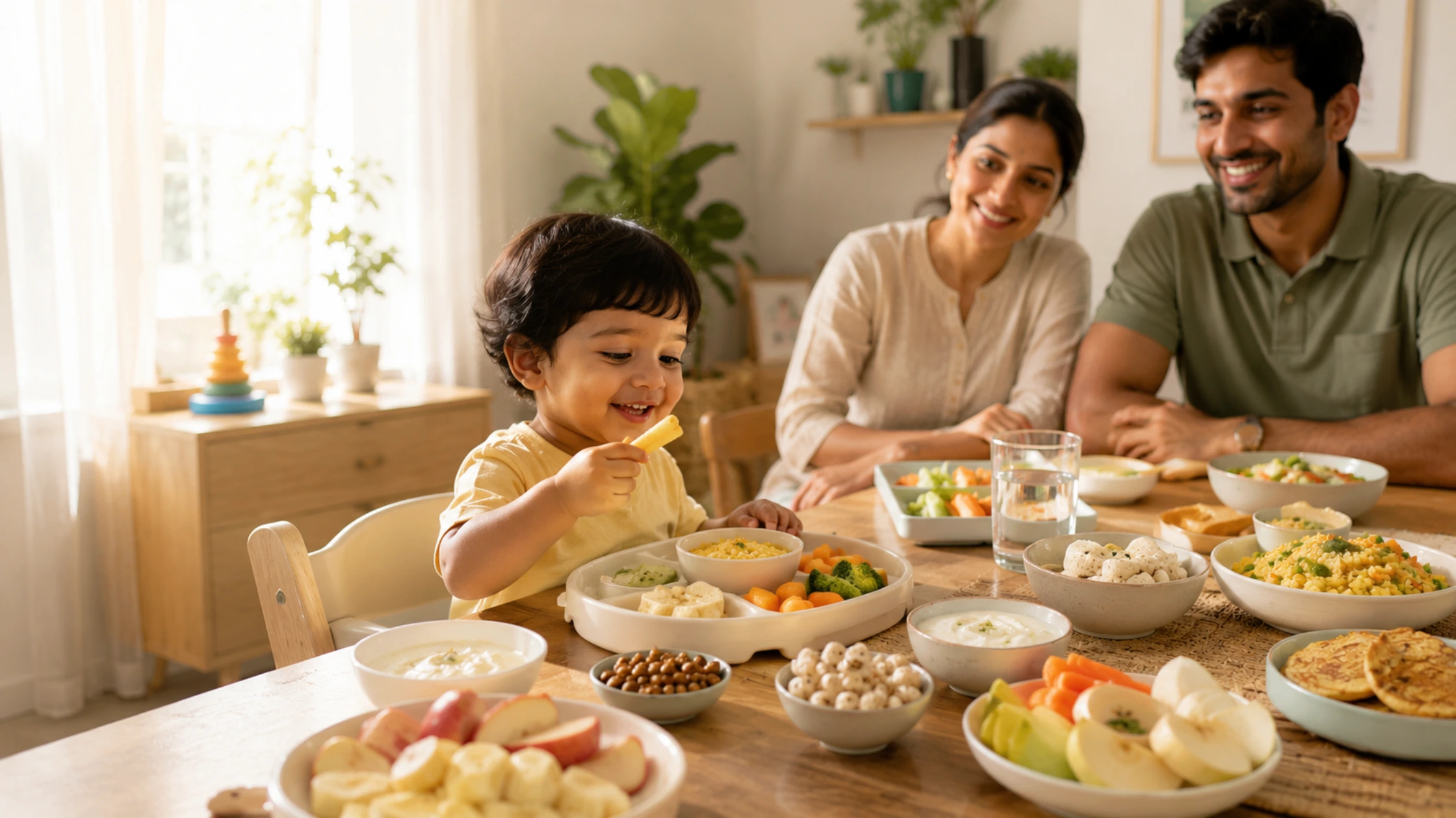 Healthy toddler eating a balanced meal with nutritious Indian foods and healthy snacks for growing children