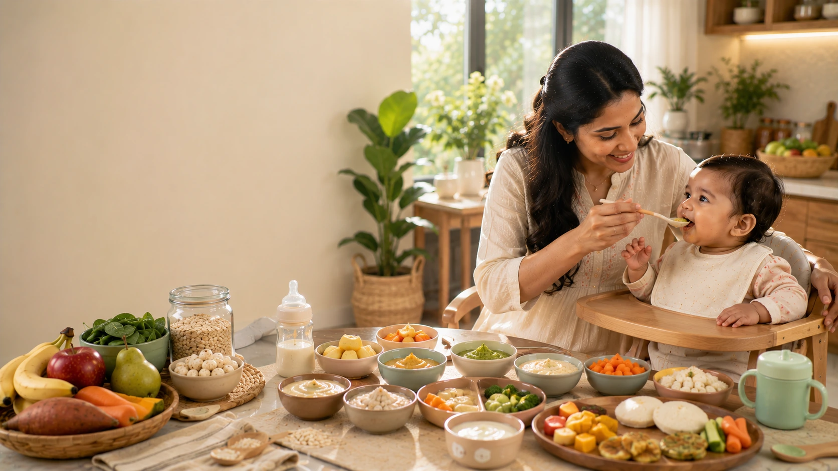 Baby exploring healthy first foods with fruits, vegetables, and soft meals during the first year of feeding milestones.
