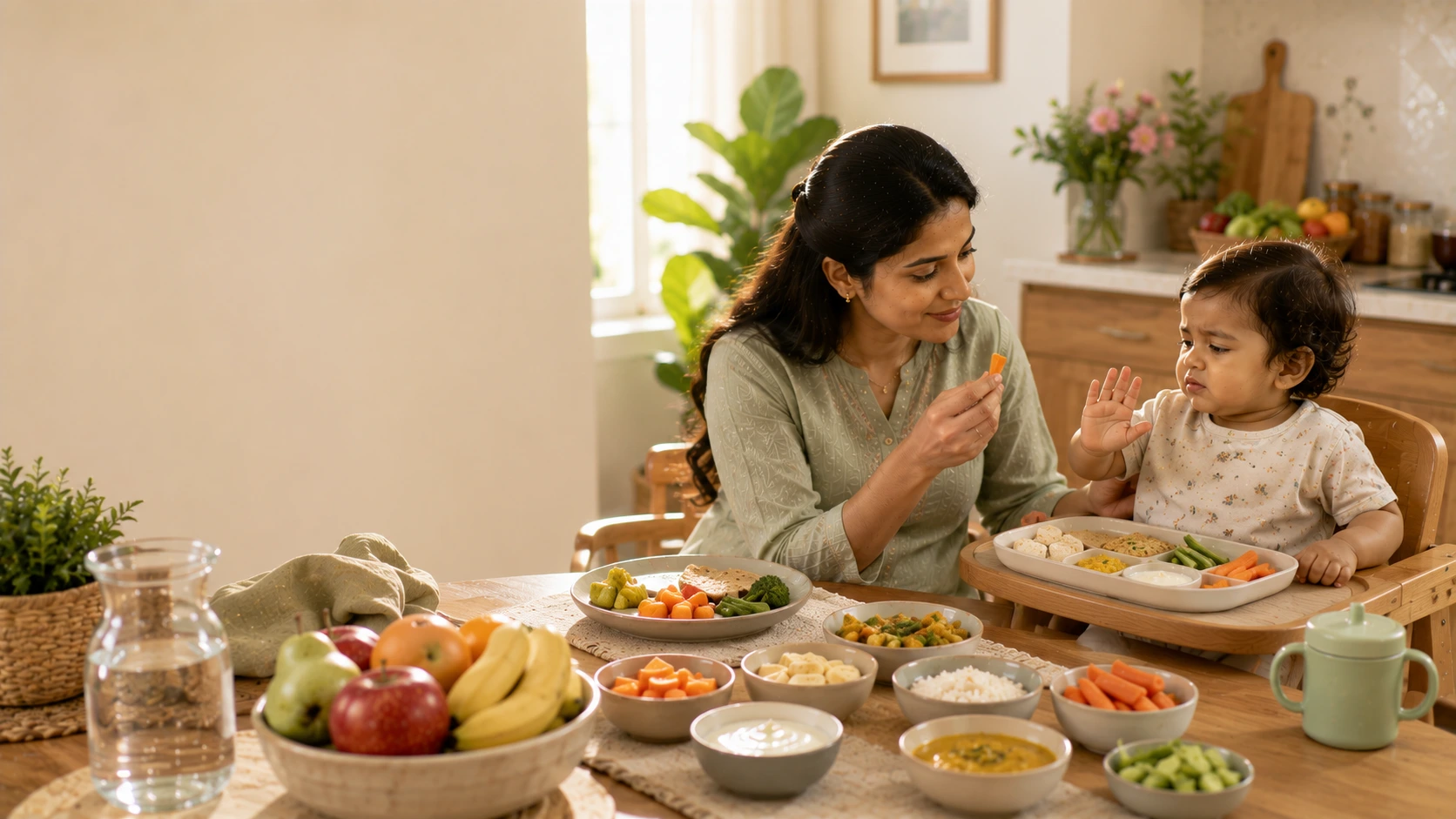 Parent calmly supporting a toddler refusing food during a family mealtime while encouraging positive toddler nutrition habits