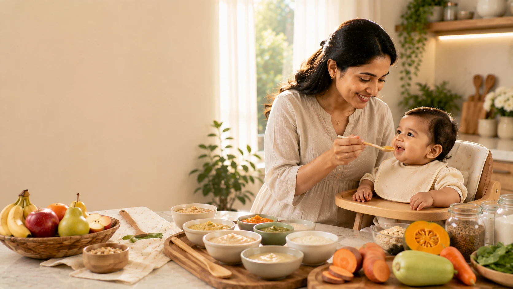 Parent introducing homemade baby food to a six-month-old baby seated in a high chair with healthy first foods on the table.
