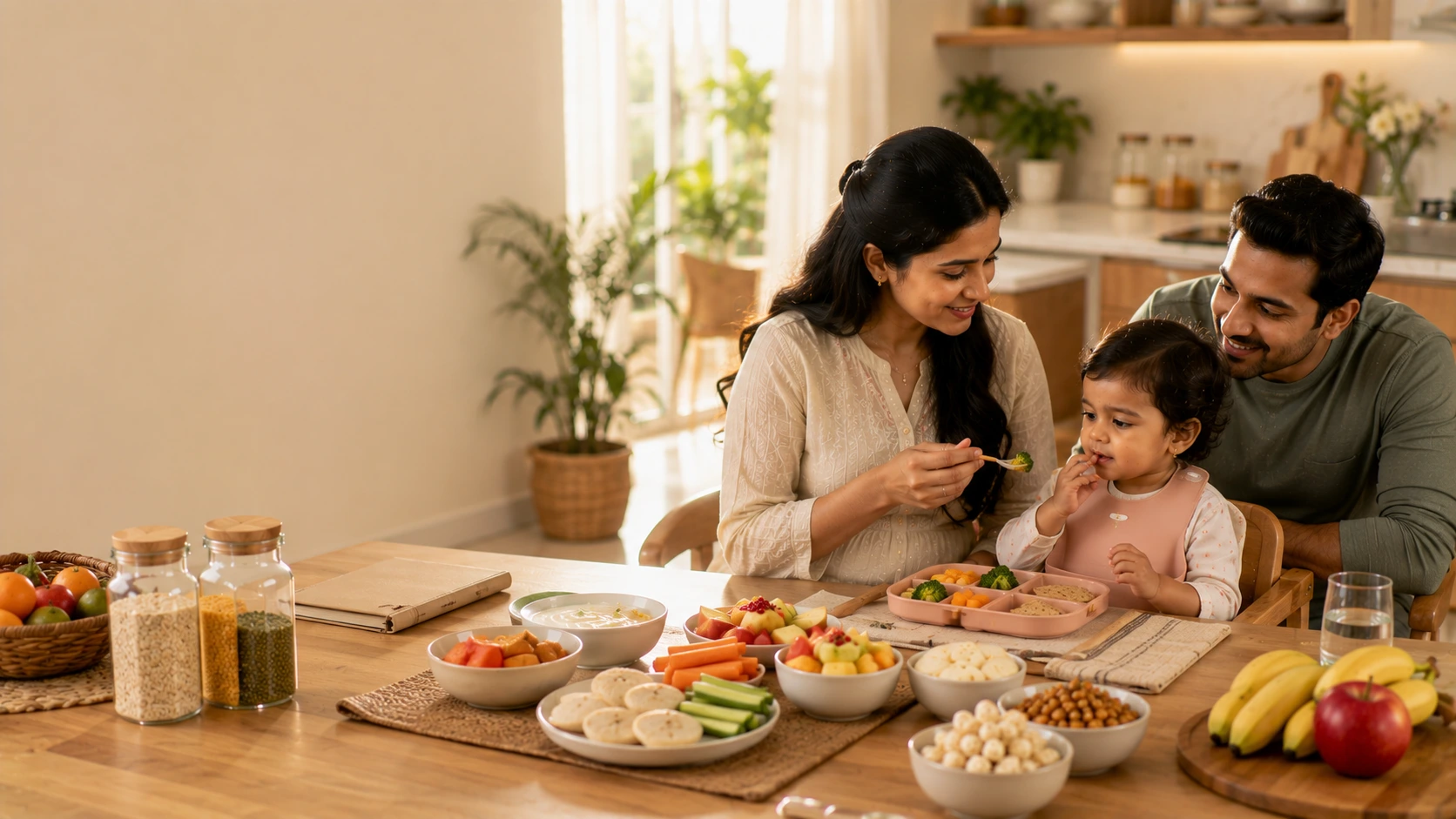 Toddler smiling while exploring healthy snacks and fresh foods with a parent at the dining table.